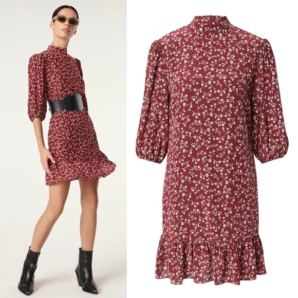 NWT THE KOOPLES Silk Floral Puff Short Sleeve Mockneck Ruffle Hem Mini Dress S - Picture 7 of 9